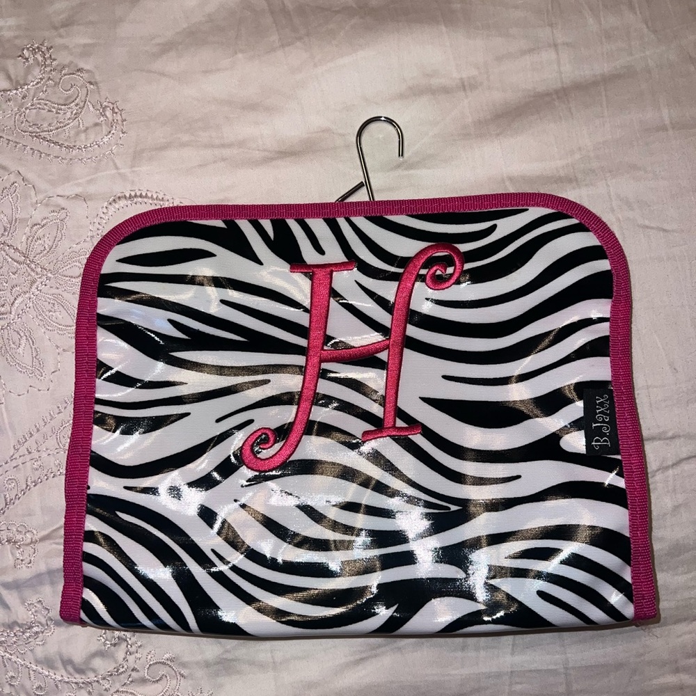 B Jaxx Embroidered “H” Zebra Print Toiletry Makeup Bag Travel Cosmetic Case